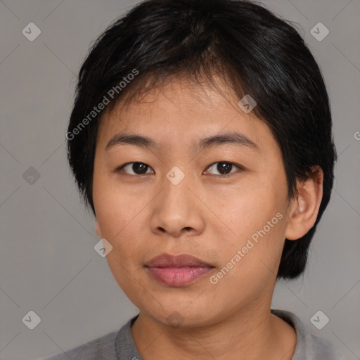 Neutral asian young-adult female with medium  black hair and brown eyes