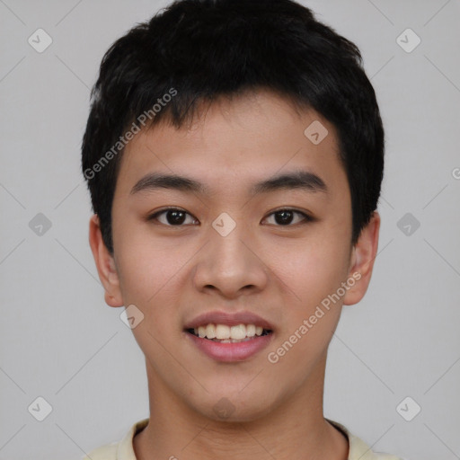 Joyful asian young-adult male with short  black hair and brown eyes