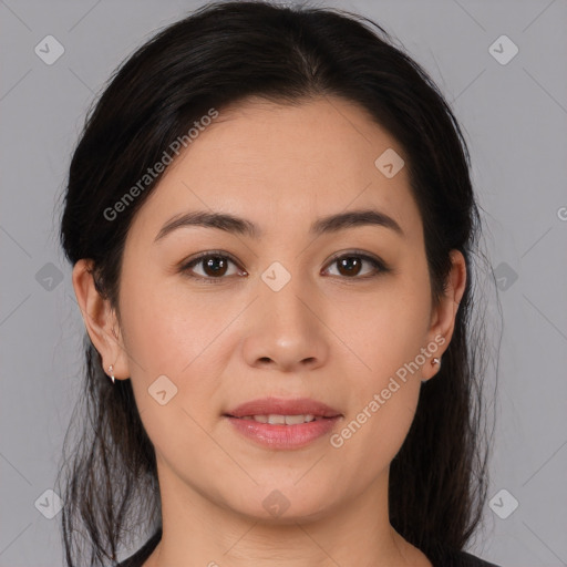 Joyful white young-adult female with medium  brown hair and brown eyes