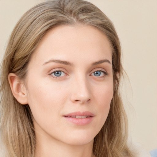 Neutral white young-adult female with long  brown hair and grey eyes