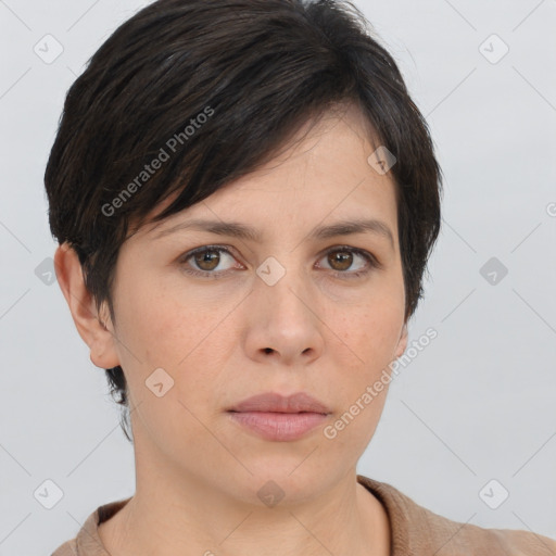 Neutral white young-adult female with short  brown hair and brown eyes