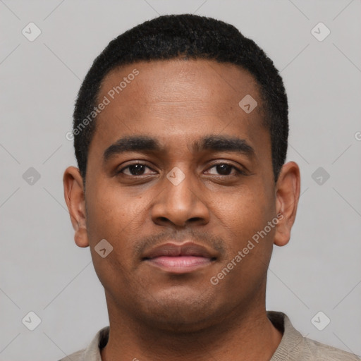 Neutral black young-adult male with short  black hair and brown eyes