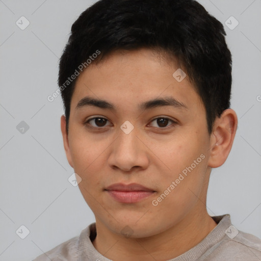 Joyful asian young-adult female with short  brown hair and brown eyes