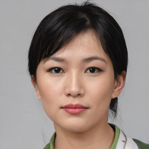 Neutral asian young-adult female with short  black hair and brown eyes