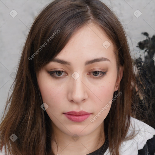 Neutral white young-adult female with medium  brown hair and brown eyes