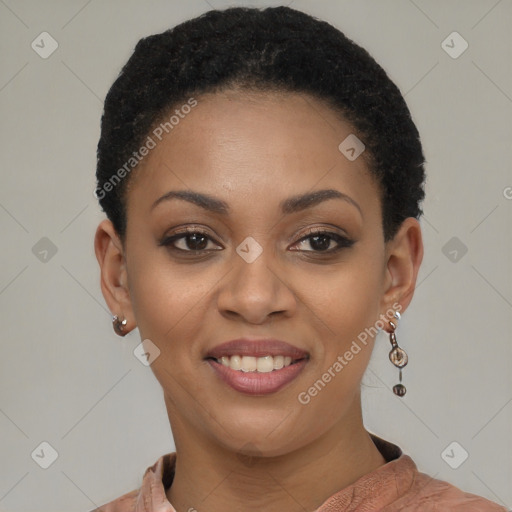 Joyful black young-adult female with short  brown hair and brown eyes