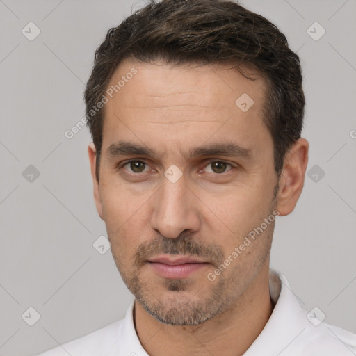 Neutral white adult male with short  brown hair and brown eyes