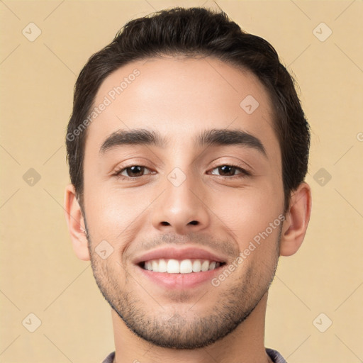 Joyful white young-adult male with short  black hair and brown eyes