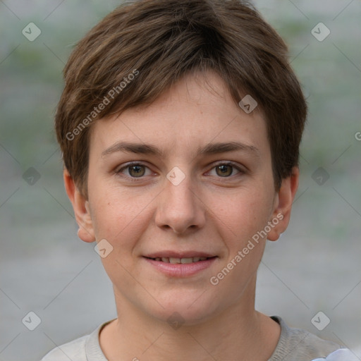 Joyful white young-adult female with short  brown hair and grey eyes