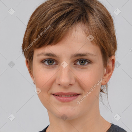 Joyful white young-adult female with medium  brown hair and grey eyes