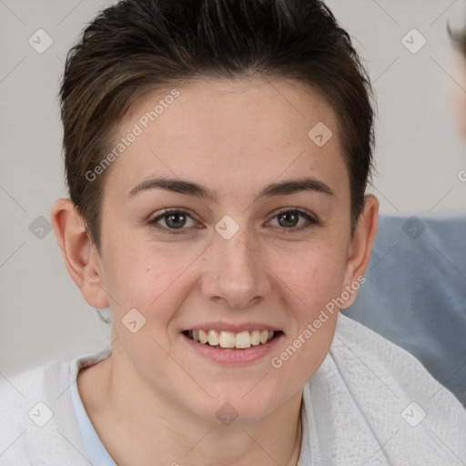 Joyful white young-adult female with short  brown hair and brown eyes