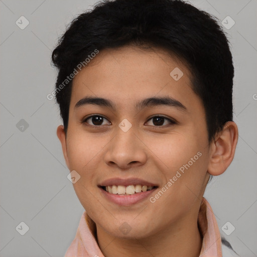 Joyful latino young-adult female with short  brown hair and brown eyes