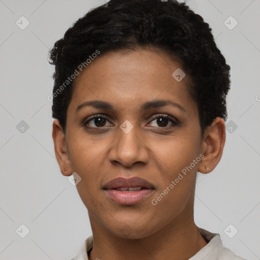 Joyful black young-adult female with short  black hair and brown eyes