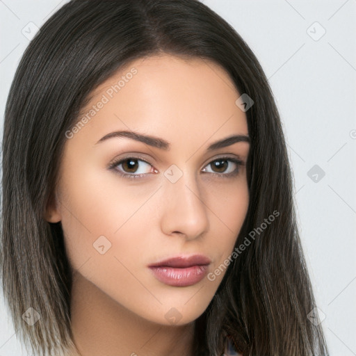 Neutral white young-adult female with long  brown hair and brown eyes