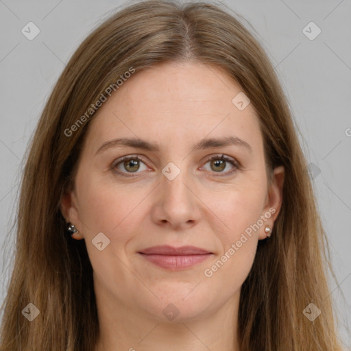 Joyful white young-adult female with long  brown hair and green eyes