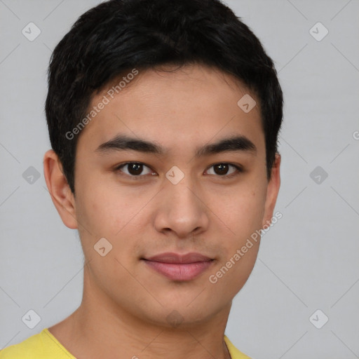 Joyful asian young-adult male with short  brown hair and brown eyes