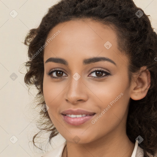 Joyful latino young-adult female with long  brown hair and brown eyes