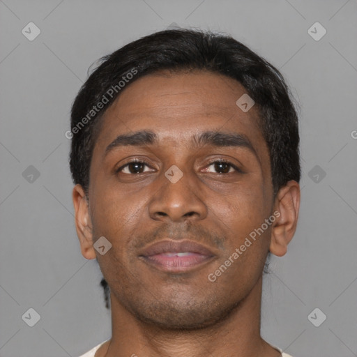 Neutral black young-adult male with short  black hair and brown eyes