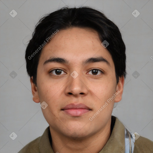 Neutral asian young-adult male with short  black hair and brown eyes