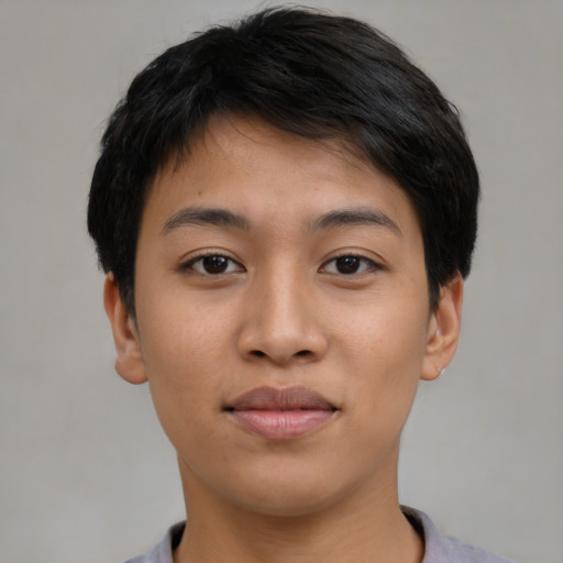 Neutral latino young-adult female with short  black hair and brown eyes