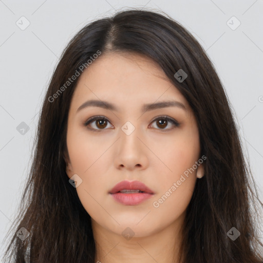 Neutral asian young-adult female with long  brown hair and brown eyes