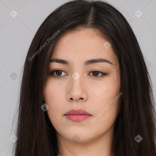 Neutral asian young-adult female with long  brown hair and brown eyes