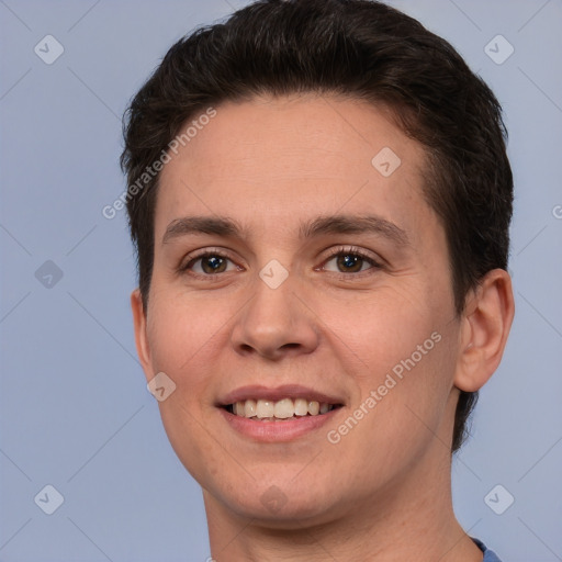 Joyful white young-adult female with short  brown hair and brown eyes