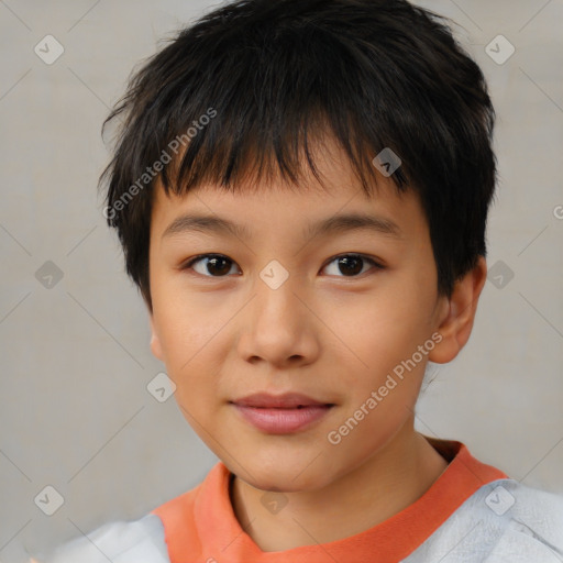 Joyful white child male with short  brown hair and brown eyes