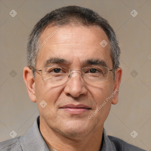 Joyful white middle-aged male with short  brown hair and brown eyes