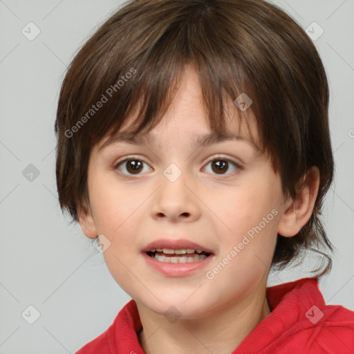 Joyful white child female with medium  brown hair and brown eyes