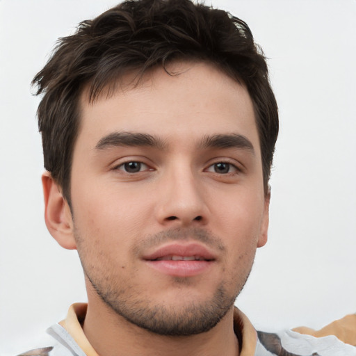 Neutral white young-adult male with short  brown hair and brown eyes