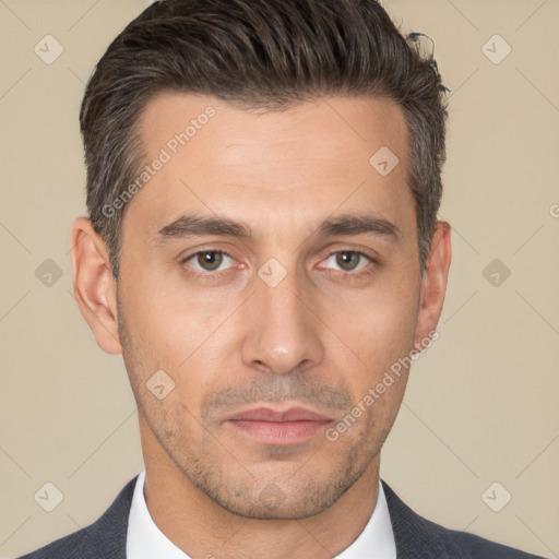 Neutral white adult male with short  brown hair and brown eyes