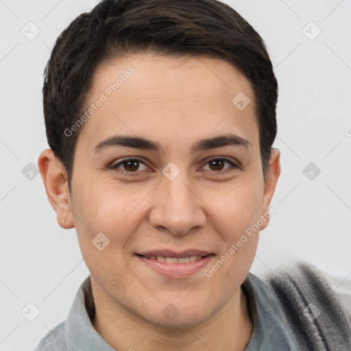 Joyful white young-adult male with short  brown hair and brown eyes