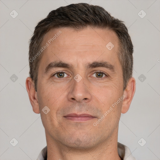 Neutral white adult male with short  brown hair and brown eyes