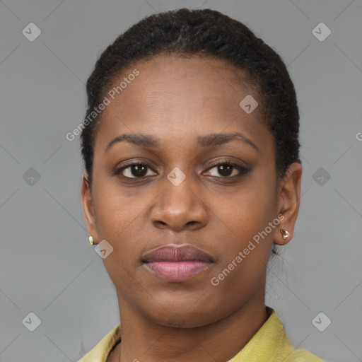 Neutral black young-adult female with short  brown hair and brown eyes