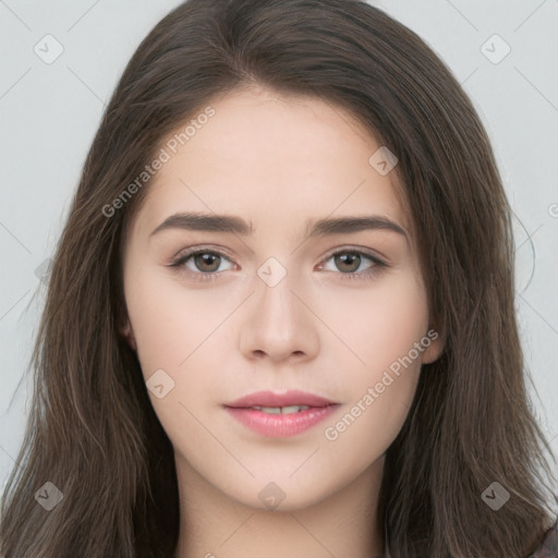 Neutral white young-adult female with long  brown hair and brown eyes