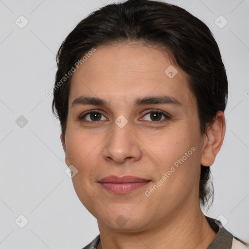 Joyful white young-adult female with short  brown hair and brown eyes