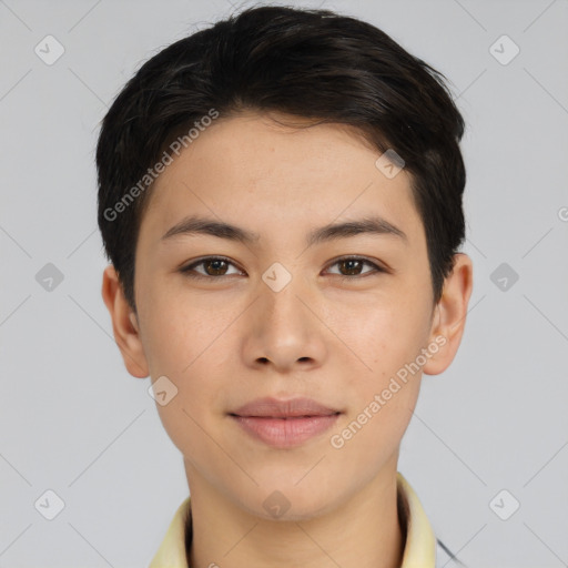 Joyful asian young-adult female with short  brown hair and brown eyes