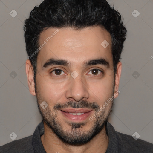 Joyful white young-adult male with short  black hair and brown eyes