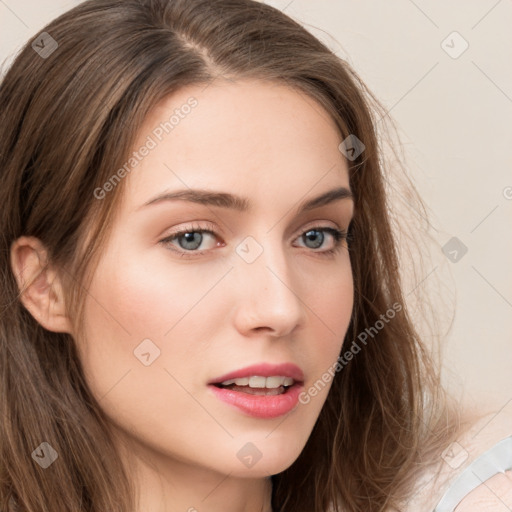 Neutral white young-adult female with long  brown hair and grey eyes