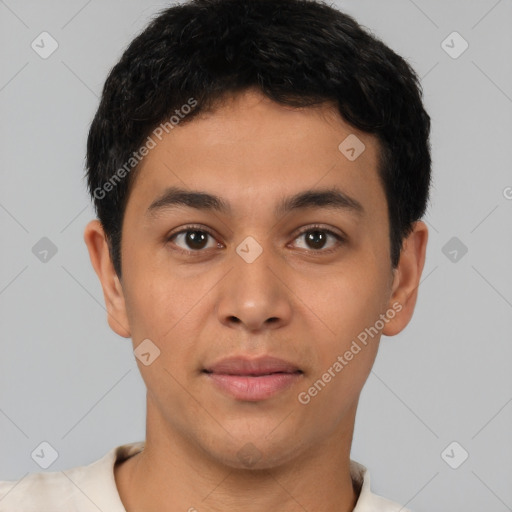 Neutral latino young-adult male with short  black hair and brown eyes