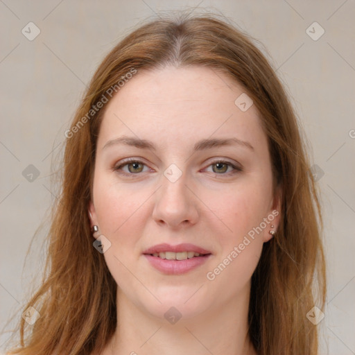 Joyful white young-adult female with long  brown hair and grey eyes