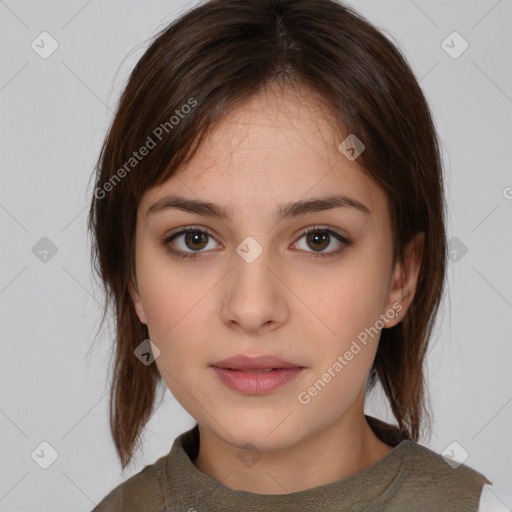 Neutral white young-adult female with medium  brown hair and brown eyes