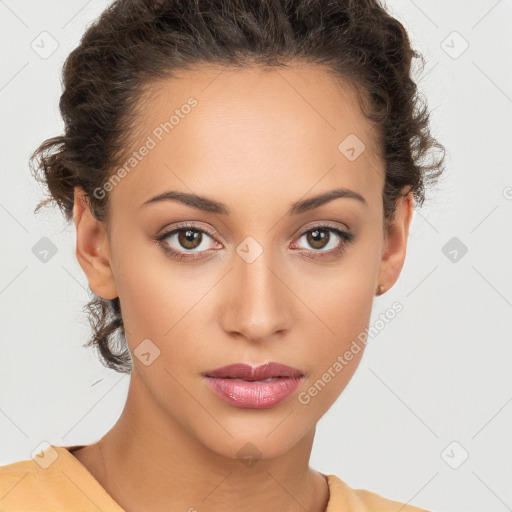 Neutral white young-adult female with short  brown hair and brown eyes