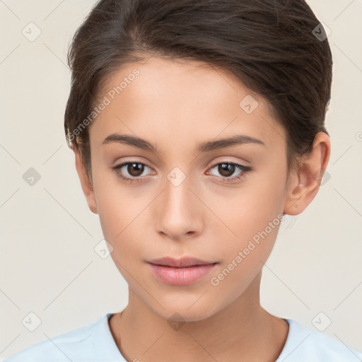 Neutral white young-adult female with short  brown hair and brown eyes