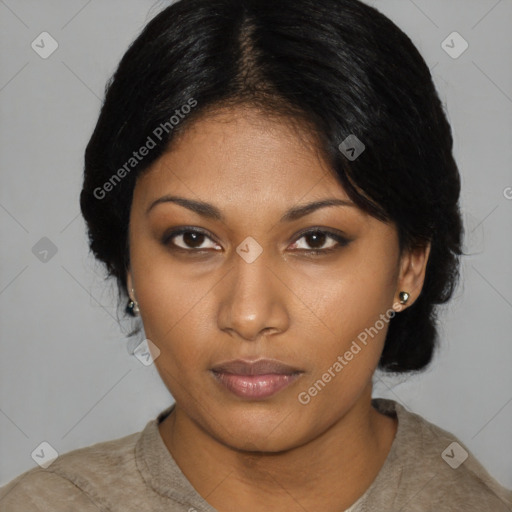 Neutral asian young-adult female with short  black hair and brown eyes