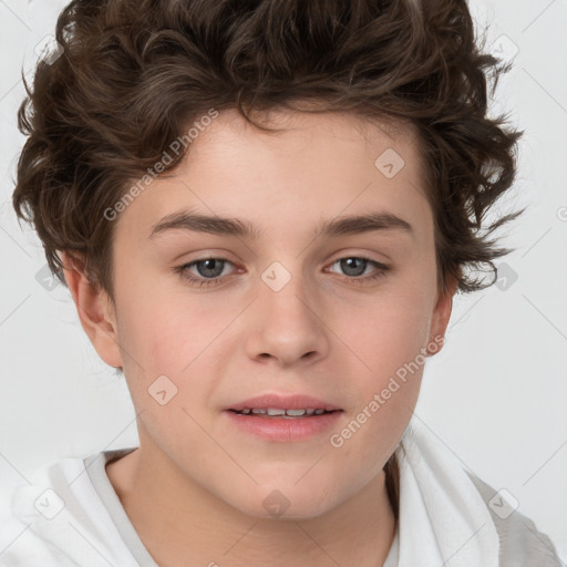 Joyful white child male with short  brown hair and brown eyes