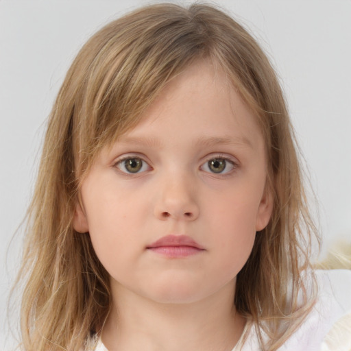 Neutral white child female with medium  brown hair and grey eyes