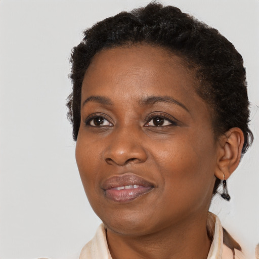 Joyful black adult female with short  brown hair and brown eyes