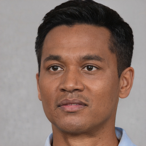 Neutral asian young-adult male with short  black hair and brown eyes